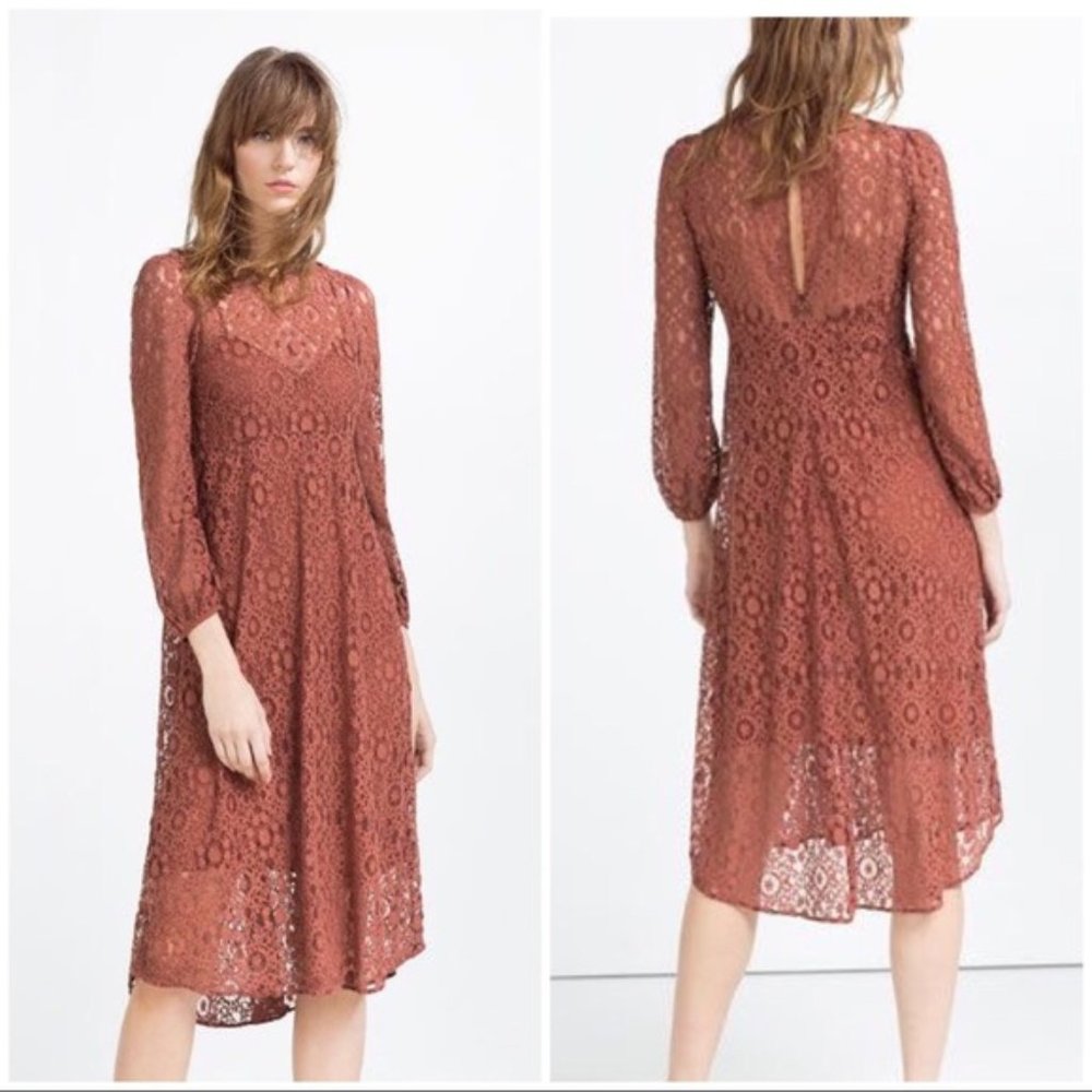 NWT ZARA  women S Terra-Cotta Brown Lace Dress w lining